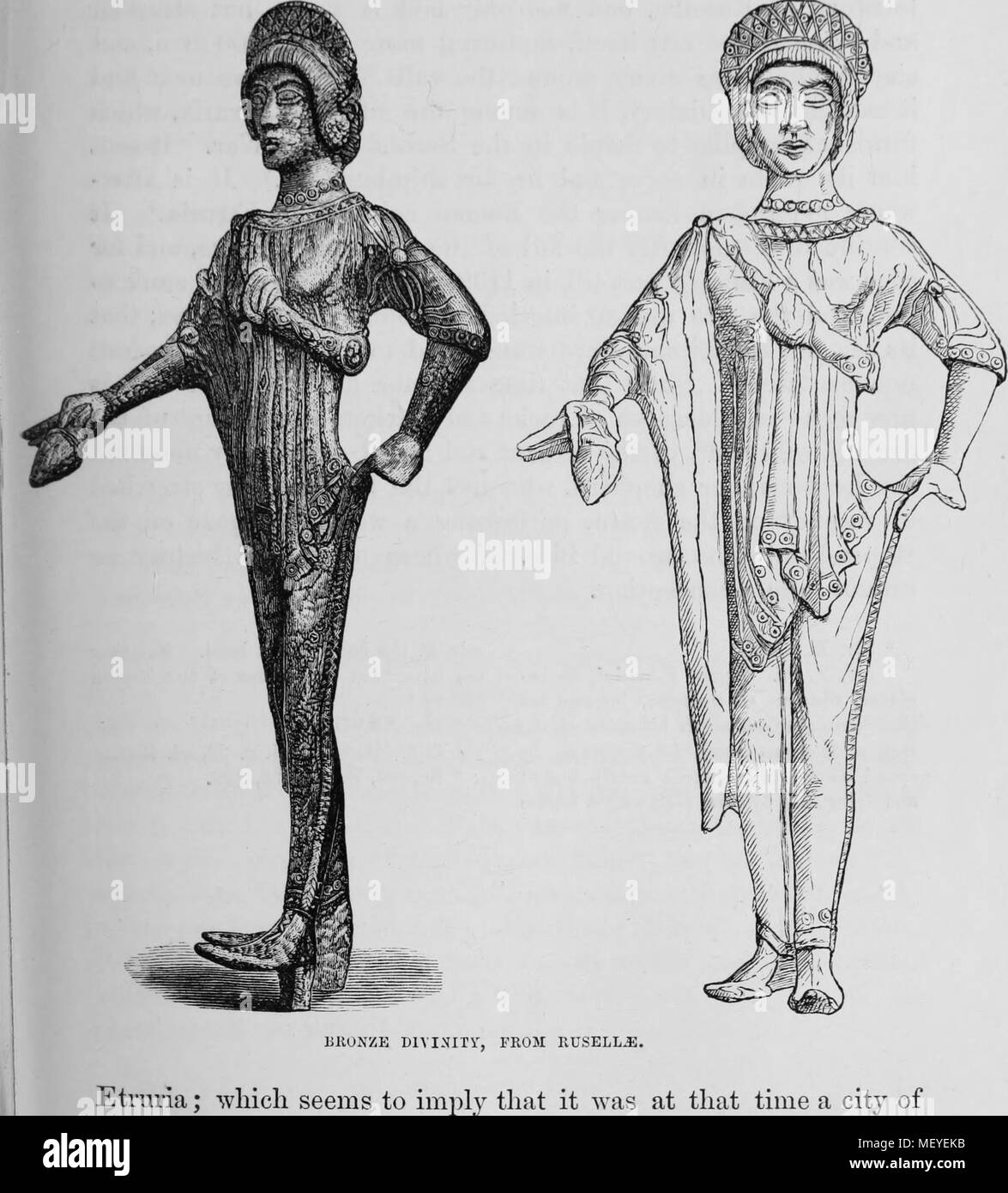 Gravuren eines etruskischen Bronzestatue Darstellung einer weiblichen Gottheit, 1878. Mit freundlicher Genehmigung Internet Archive. () Stockfoto