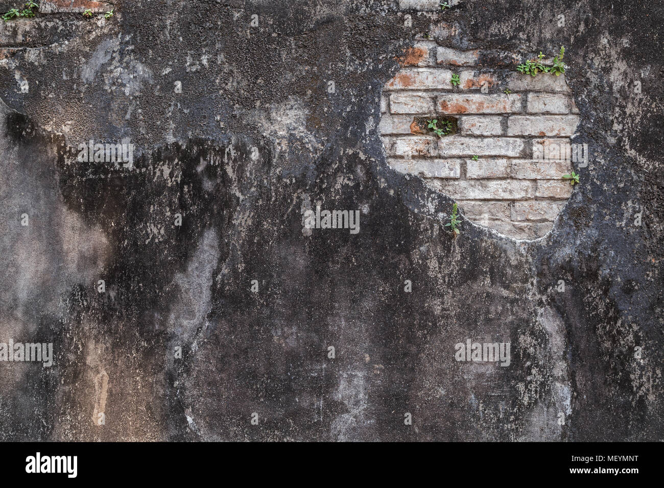 Full Frame Hintergrund einer Verwitterten und beschädigte dunkel grau verputzte Wand. Gips ist teilweise abgeblättert enthüllt alten Ziegelsteinen. Stockfoto