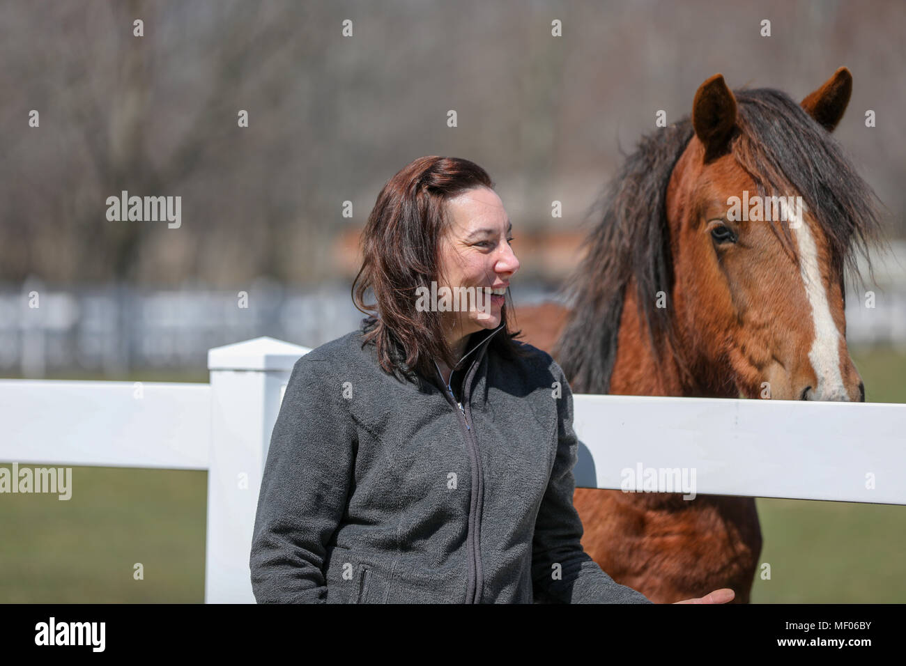 Frau Interaktion mit zwei schönen Pferde. Stockfoto