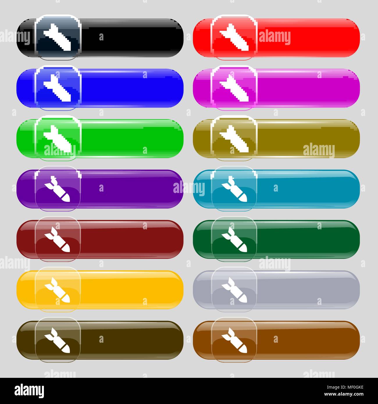 Rakete Rakete Waffensymbol unterzeichnen. Set aus 14 farbigen Glas Tasten mit Platz für Text. Vector Illustration Stock Vektor