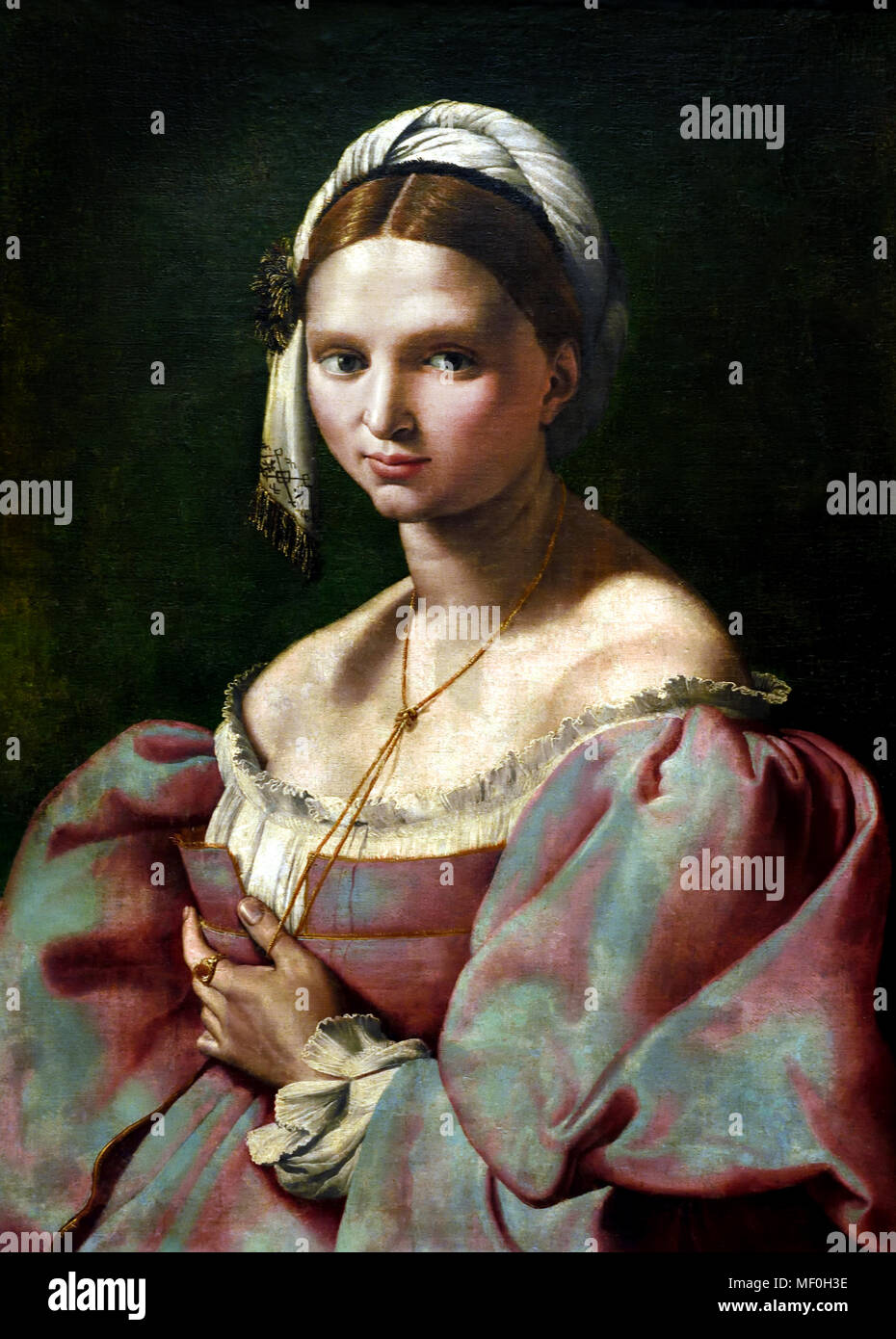 Porträt einer jungen Frau von Giuliano Bugiardini 1475-1555), italienischer Maler, der späten Renaissance und Manierismus bekannt. Florenz (Porträt einer jungen Frau, die an der Velata del Raffaello gestorben und durch die Anwesenheit von einer Schnur verknotet am Hals und mit dem Daumen der linken Hand gestreckt Unterschieden) Italienisch - Italien. Stockfoto