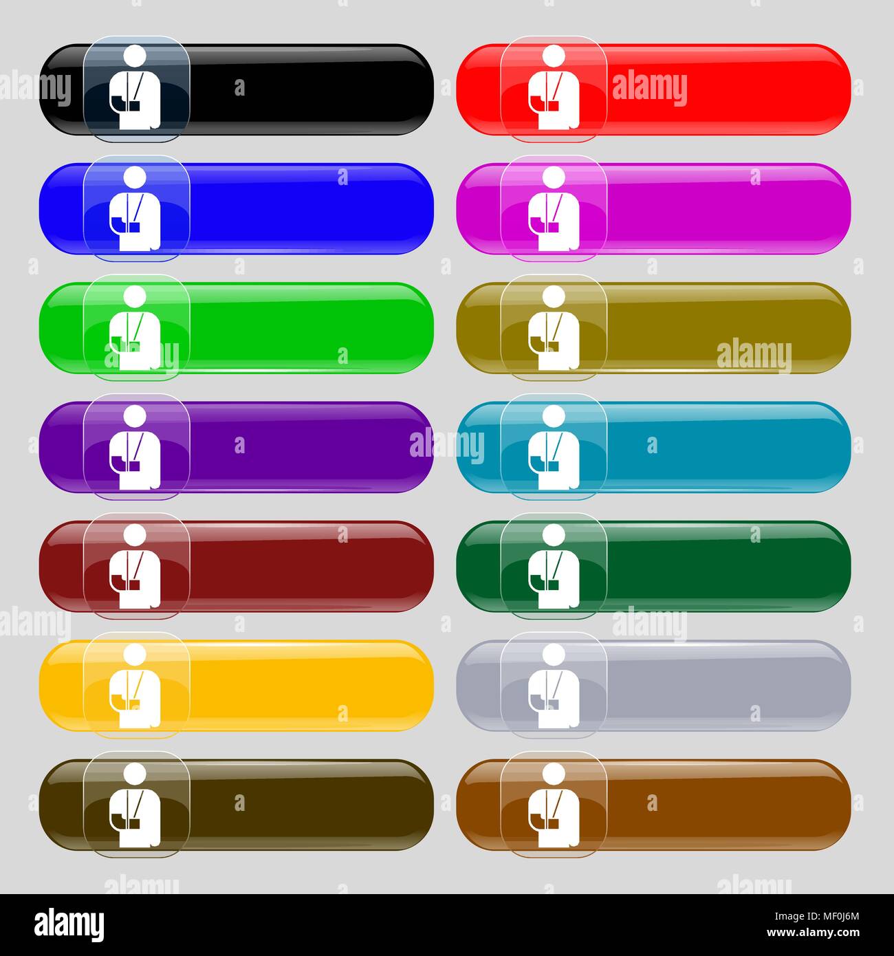 Gebrochenen arm, Behinderung Symbol unterzeichnen. Set aus 14 farbigen Glas Tasten mit Platz für Text. Vector Illustration Stock Vektor