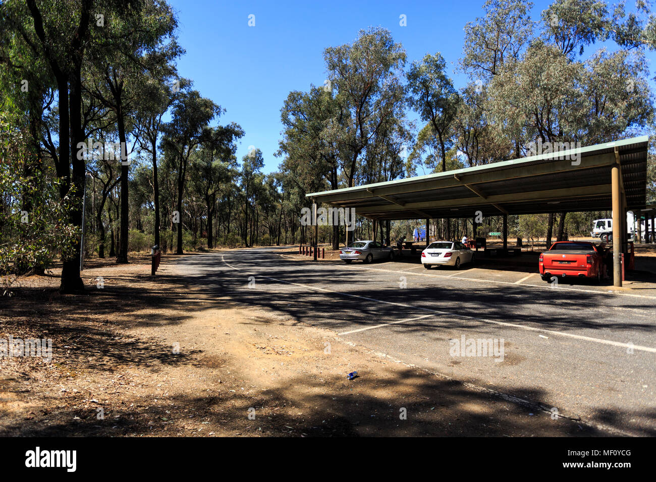 Blick auf eine der vielen ausgezeichneten Rastplätze entlang der Autobahn von Melbourne nach Sydney, mit Tischen und Bänken, Schatten, Toiletten und schattigen Auto parkin Stockfoto