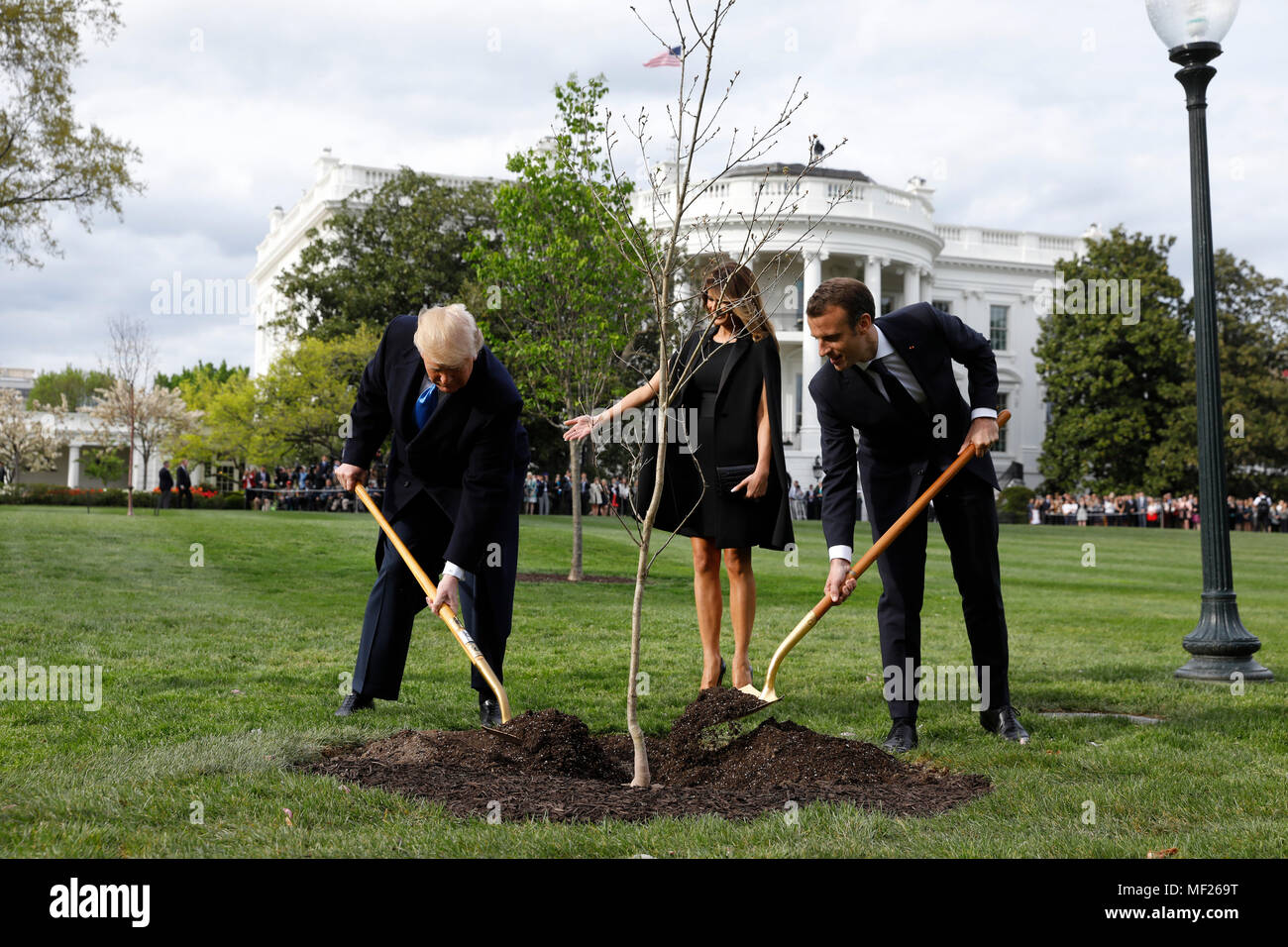 Us-Präsident Donald Trump mit Frankreichs Präsident Emmanuel Längestrich und Erste Damen Melania Trump und Brigitte Längestrich (nicht abgebildet) Pflanze einen Baum, ein Geschenk von der Präsident und Frau Längestrich, im Süden Rasen des Weißen Hauses in Washington, D.C., USA, am Montag, 23. April 2018. Wie Längestrich für den ersten Staatsbesuch des Präsidenten, des Trump ankommt, die US-Führer droht das globale Handelssystem mit Tarifen an China, hochkant, vielleicht auch Europa. Credit: Yuri Gripas/Pool über CNP - KEINE LEITUNG SERVICE - Foto: Yuri Gripas/Pool über CNP/dpa Stockfoto