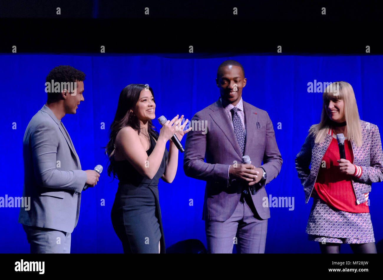 Las Vegas, USA. 24. Jan 2011. Ismael Cruz Cordova, Gina Rodriguez, Anthony Mackie und Filmemacher Cathren Hardwicke sprechen über ihren Film Miss Bala am 23. März 2018 CinemaCon im Caesars Palace in Las Vegas, NV. Credit: Foto Access/Alamy leben Nachrichten Stockfoto