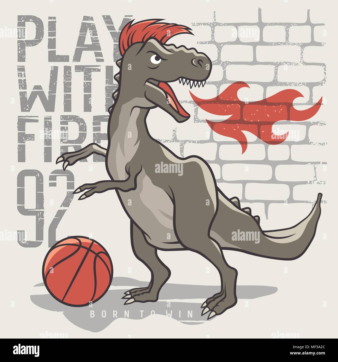 Dinosaurier Basketball spielen. Vector Illustration eines Tyrannosaurus spielen eine Kugel. Kinder T-shirt Grafiken zum Thema Sport. Inspirational motivatio Stock Vektor