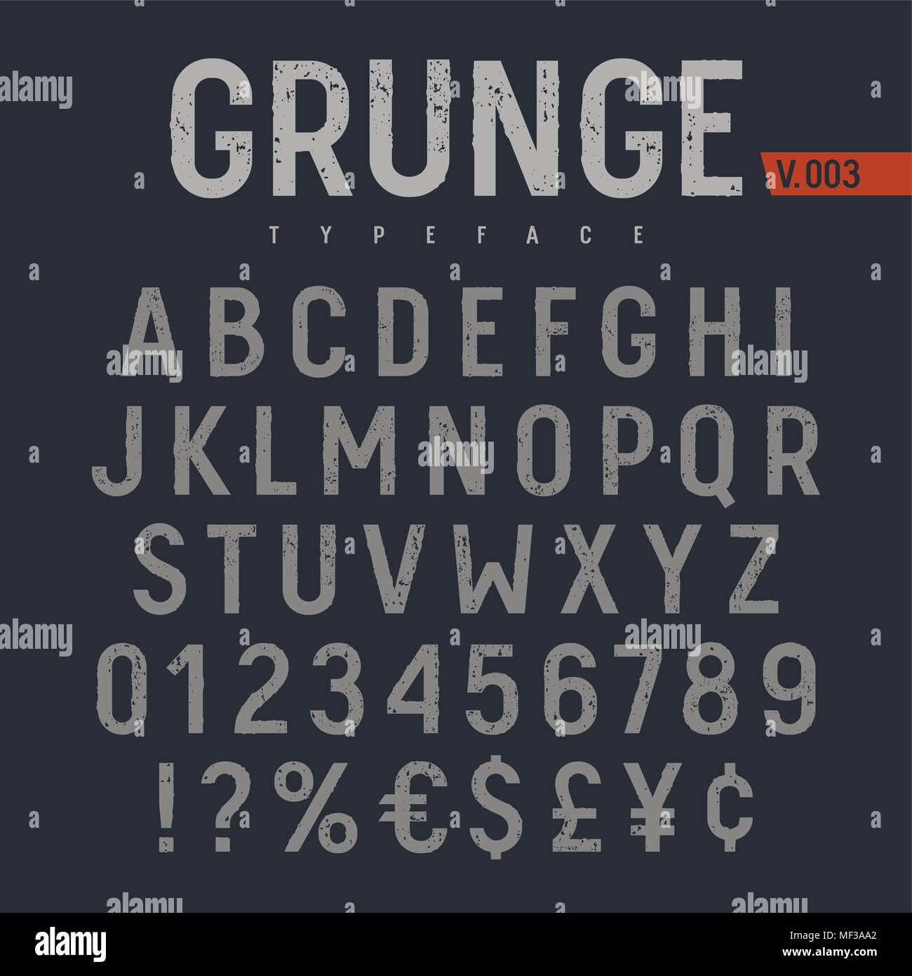 Grunge texturierte Fonts. Grobe Stempel strukturierte Schriftbild. Lateinische Buchstaben und Zahlen. Stock Vektor