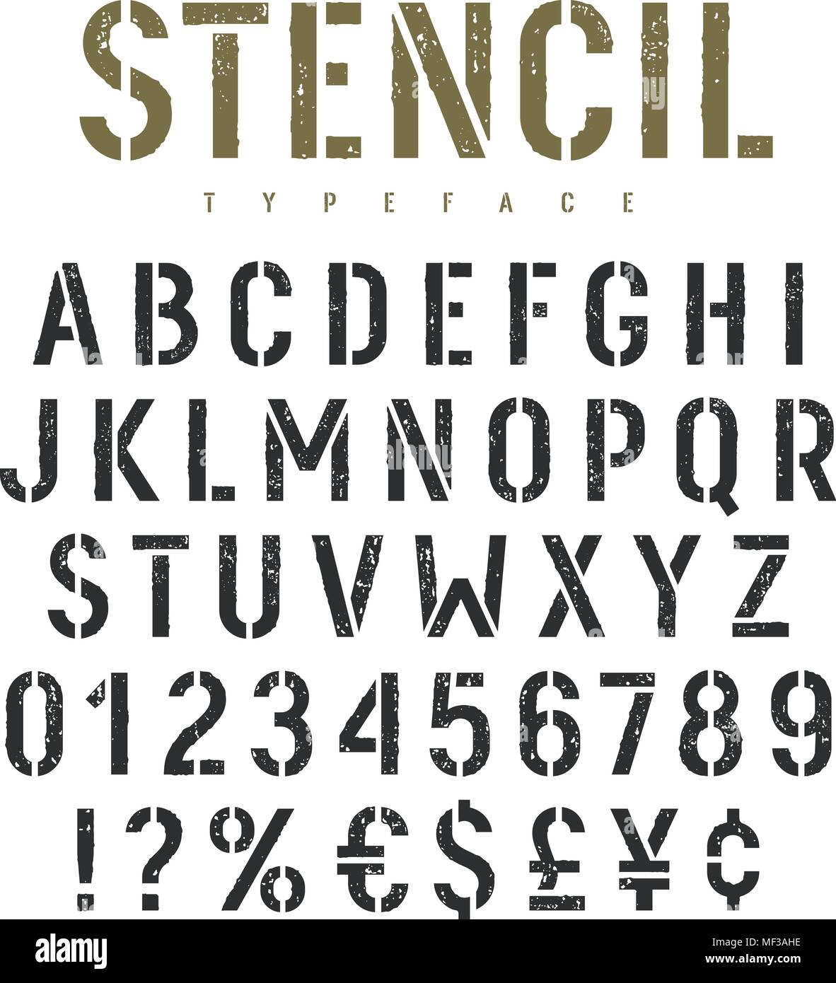 Schablone Alphabet mit grunge Textur Wirkung. Grobe Impressum stencil-platte Font im militärischen Stil. Vektoren Stock Vektor