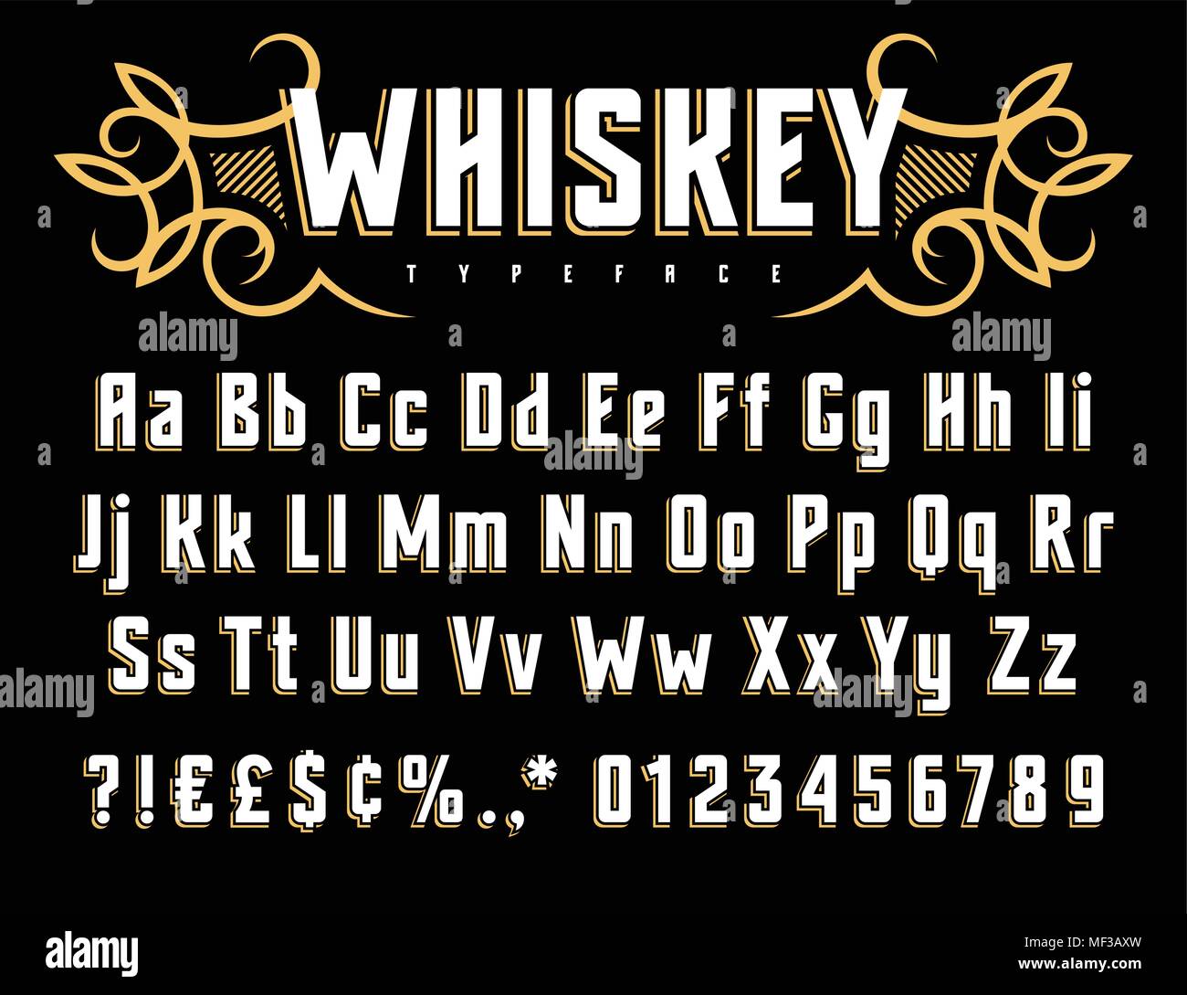 Vektor Alphabet im Vintage Style. Alten whiskey Schrift Beschriftung. Großbuchstaben, Kleinbuchstaben und Zahlen Stock Vektor