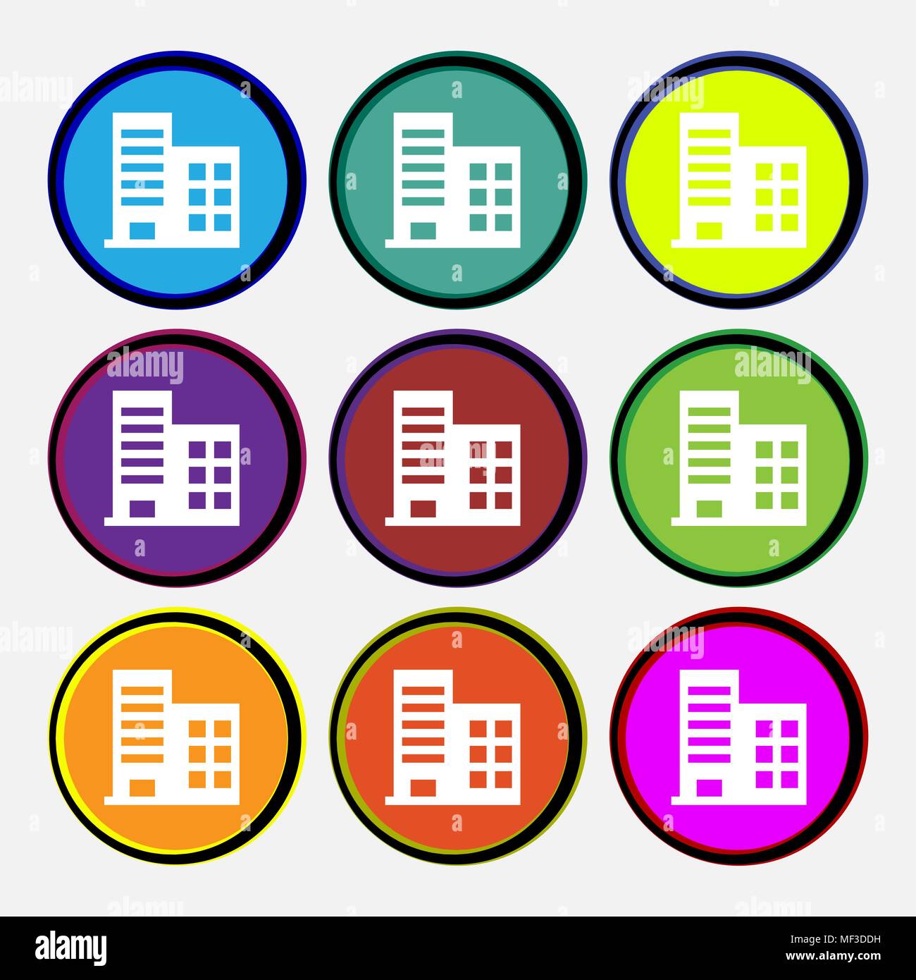 Hochhaus Gebäude und Wohnungen Symbol unterzeichnen. Neun mehrfarbig runde Tasten. Vector Illustration Stock Vektor