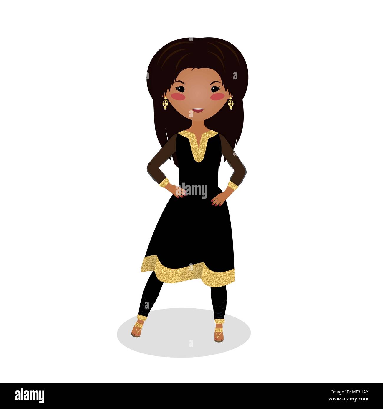 Lächelnde Mädchen tragen Salwar Kameez. Cartoon Charakter. Goldenen und schwarzen Kleid. Abend Outfit. Junge Mädchen gehen auf ein Datum. Schönen indischen Frau in t Stock Vektor