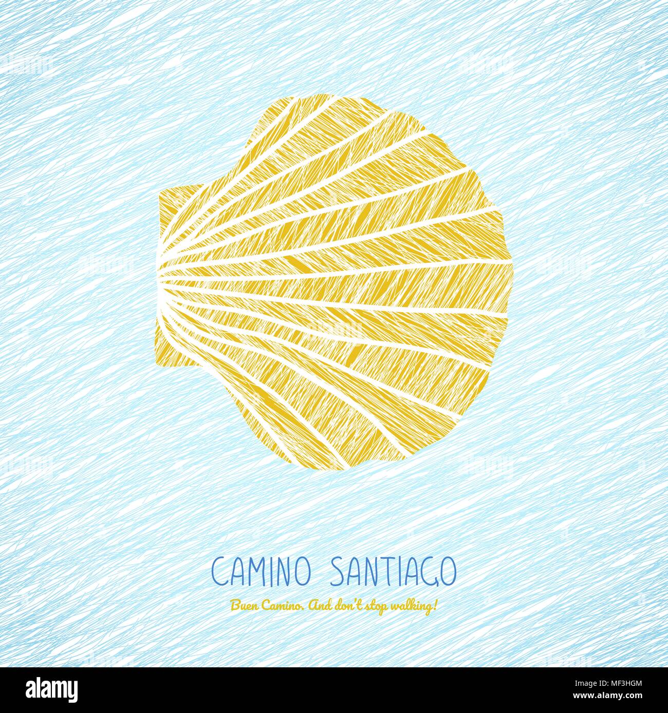 Gelbe Jakobsmuschel. Symbol des Camino de Santiago in Spanien. Buen Camino! Nicht zu stoppen. Poster oder Flyer. Hellen Hintergrund. Pilgrim's navigat Stock Vektor