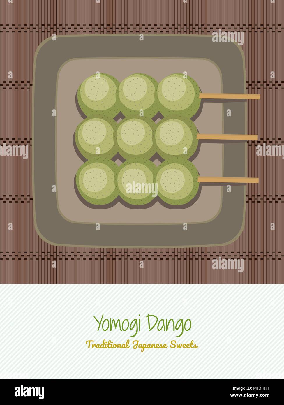 Traditionelle japanische Süßigkeiten auf der Platte. Yomogi Dango. Asiatische Küche. Feder Snack. Grün gefärbt durch die japanischen Beifuß (yomogi). Stock Vektor