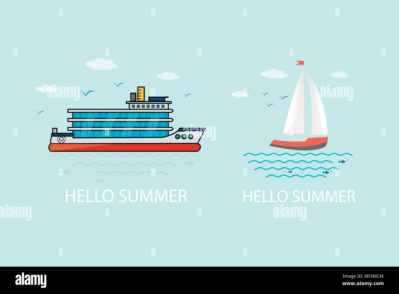 Sammlung von nautische Fahrzeuge: Segeln, Boot, Schiff, Schiff, Luxus Yacht, Schnellboot. Vektor Symbole auf dem blauen Hintergrund isoliert. Stock Vektor