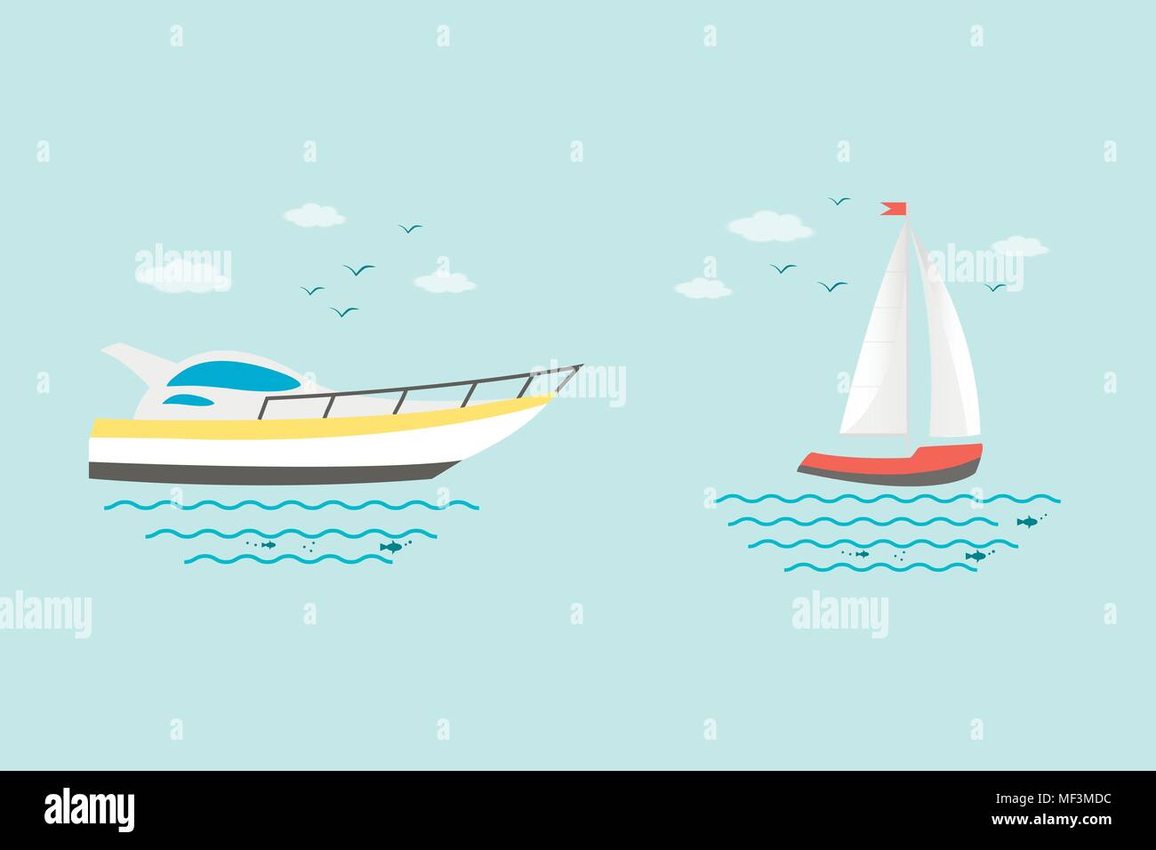Sammlung von nautische Fahrzeuge: Segeln, Boot, Schiff, Schiff, Luxus Yacht, Schnellboot. Vektor Symbole auf dem blauen Hintergrund isoliert. Stock Vektor