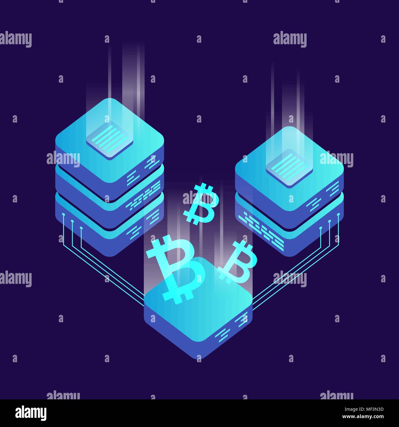 Bergbau bitcoin server Vektor Symbol Isometrische Stil. Blockchain crypto Geld farm Rechenzentrum Hintergrund. Block Chain Konzept. Stock Vektor