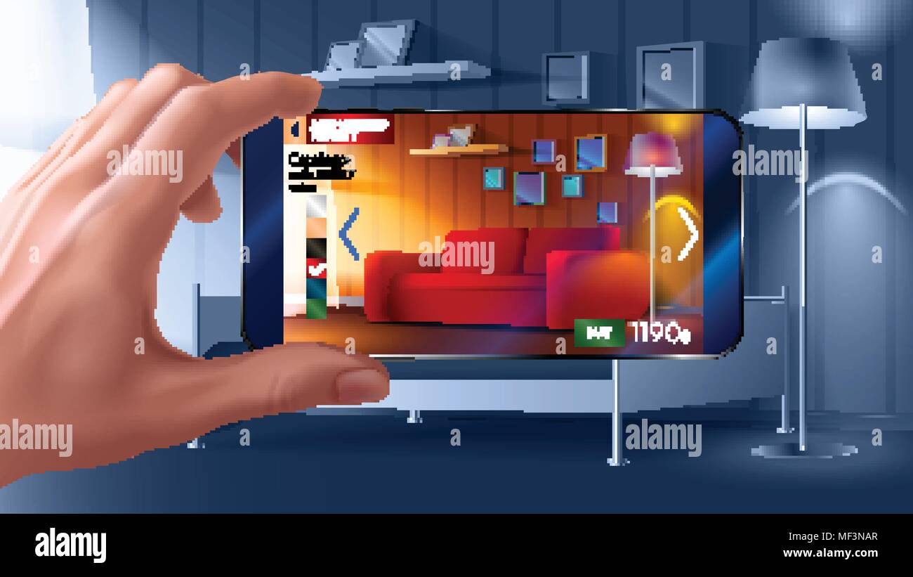 Augmented Reality Anwendung von Smartphone, mit der Sie virtuelle Möbel an ihre eigentliche Heimat Ort vor dem Kauf. Mann hält-Smartphone in der Hand Hori Stock Vektor