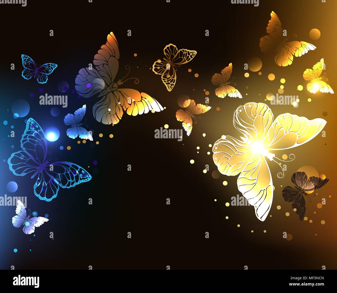 Fabelhaft, Glühen, Nacht Schmetterlinge auf dunkle Nacht Hintergrund. Stock Vektor
