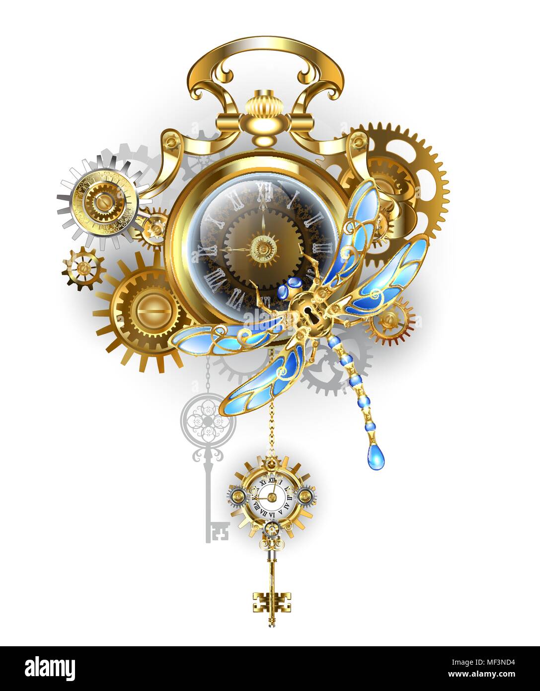 Antike, gold Watch mit dunklen Steampunk Zifferblatt mit mechanischen, Dragonfly, Messing und Gold Zahnräder auf weißem Hintergrund. Steampunk Stil. Stock Vektor