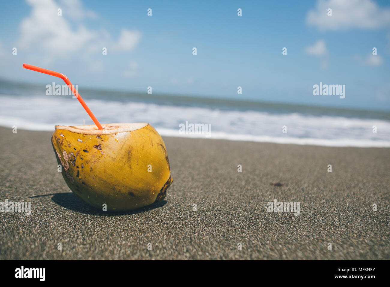Kuba, Kokosnuss mit Stroh auf einem Strand Stockfoto