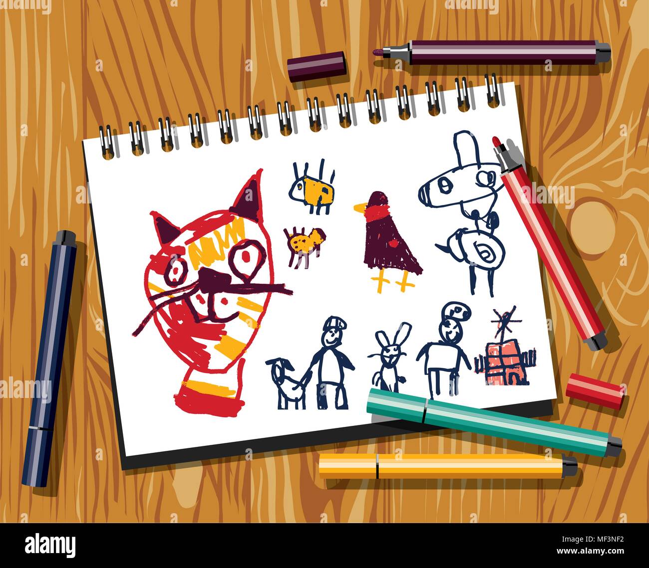 Kinder doodles zeichnen Katze Filzstift Papier und Holz Hintergrund. Das Bild ist von Erwachsenen gemacht, imitiert kindliche Zeichnung. Farbe Vector Illustration. EPS8 Stock Vektor
