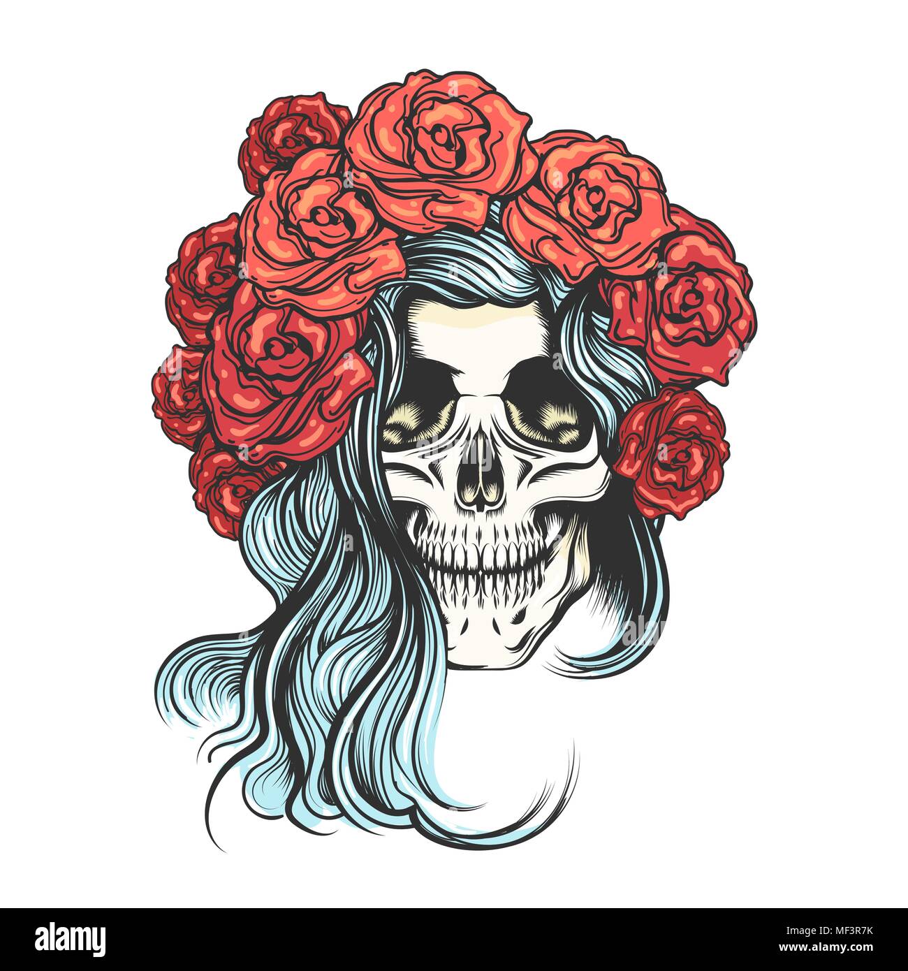 Hand menschlicher Schädel gezeichnet in Rosen Kranz. Vector Illustration Stock Vektor
