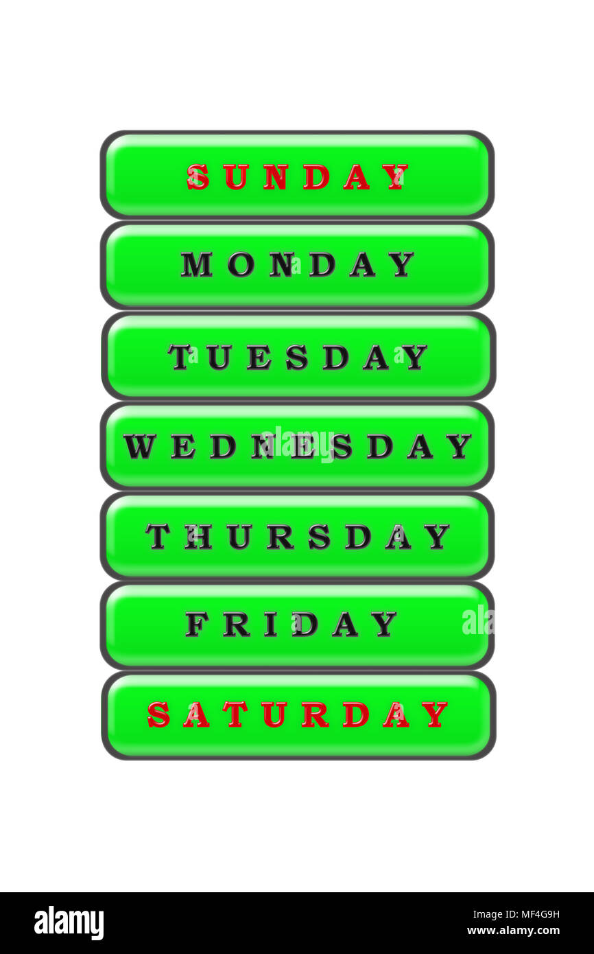 Unter der Liste der Tage der Woche auf grünem Hintergrund, Sonntag und Samstag sind in Rot die restlichen Tage hervorgehoben sind schwarz markiert. Stockfoto