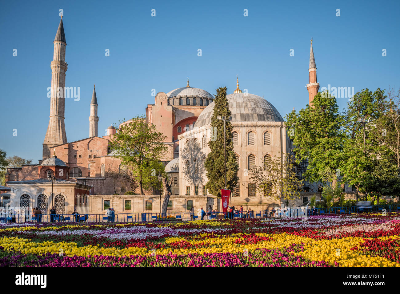 Blick auf die Hagia Sophia und der größte Teppich der Tulpen der Welt in Sultanahmet für Tulip Festival in Istanbul, Türkei, 21. April 2018 Stockfoto