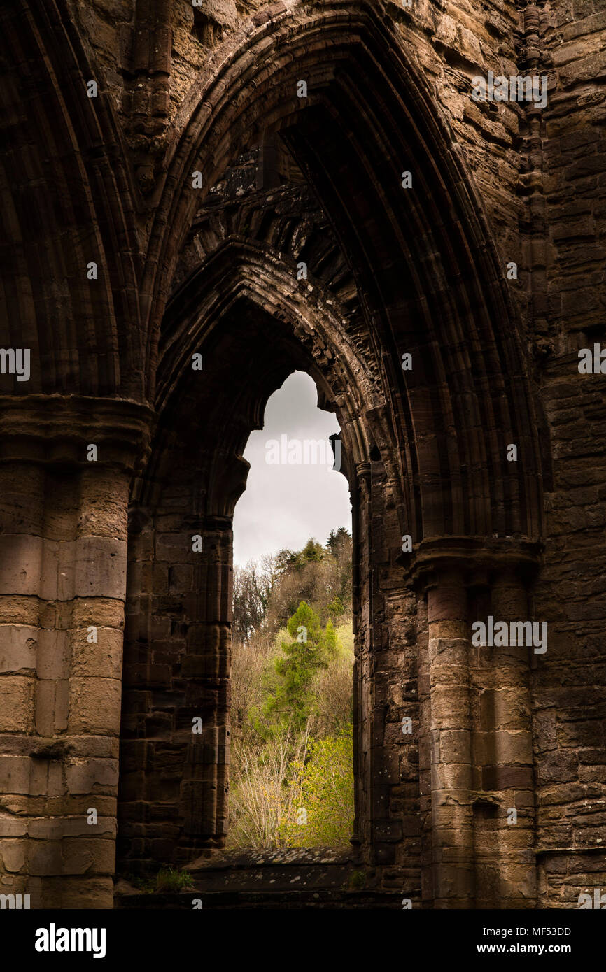 Ruinen von Tintern Abbey durch Fluss Wye in Monmouthshire, South Wales, UK. Übersicht Bögen, Schatten und Licht zeigt antike Architektur. Stockfoto