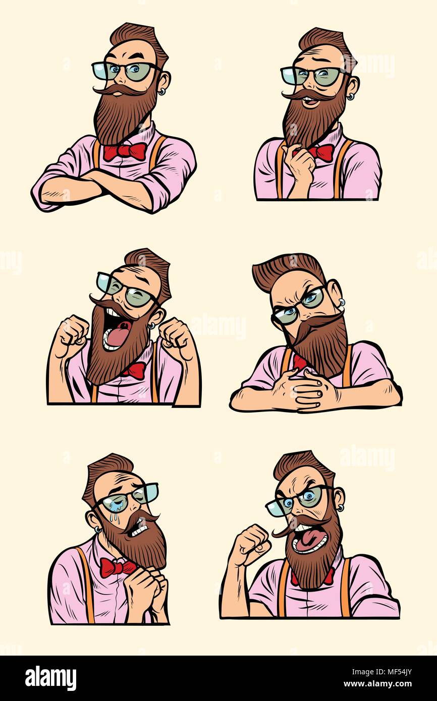 Set Sammlung verschiedene Gefühle. Stilvolle bärtigen Hipster mit Stock Vektor