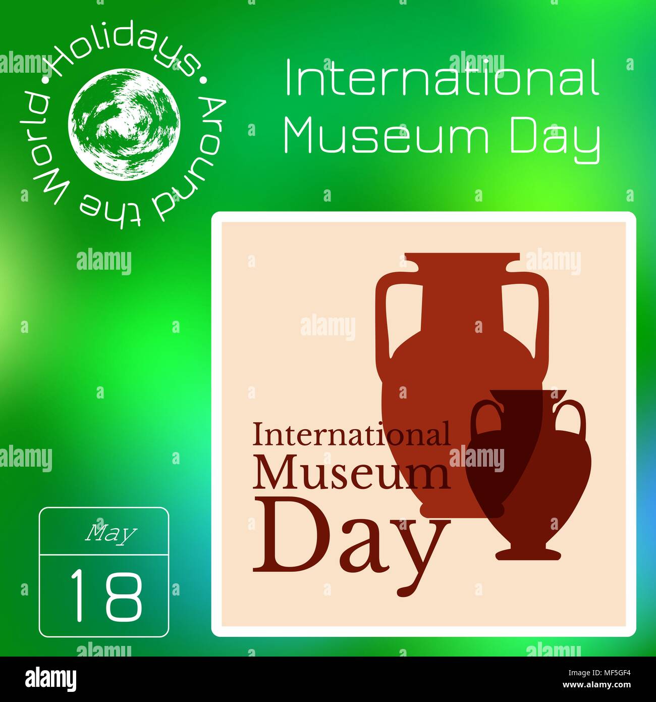Kalender. Urlaub rund um die Welt. Ereignis des Tages. Grüne blur Hintergrund - Name, Datum, Abbildung. Für Zeitschriften, pädagogisch. Internationale Mu Stock Vektor