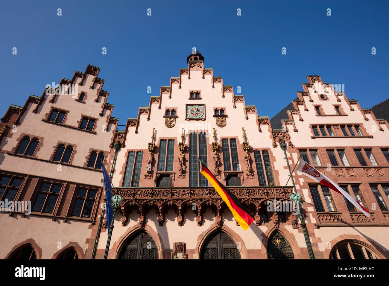 Deutschland, Hessen, Frankfurt, Roemerberg, Fassade des Rathauses Römer Stockfoto