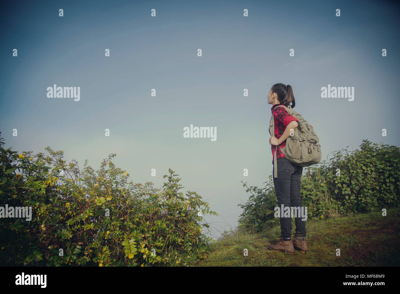 Hipster junges Mädchen mit Rucksack Sonnenuntergang am Gipfel des Foggy Mountain. Touristische Reisende auf Hintergrundansicht mockup. Wanderer, die Sonnenlicht in der Reise Stockfoto