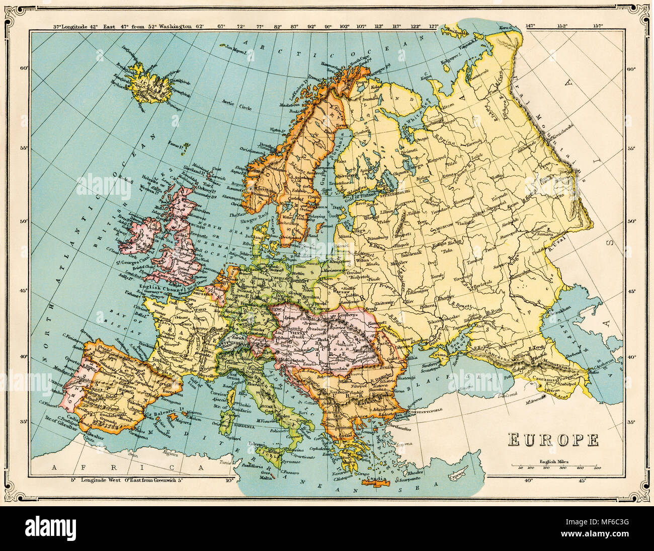 Karte von Europa in den 1870er Jahren. Gedruckte farbige Lithographie Stockfoto