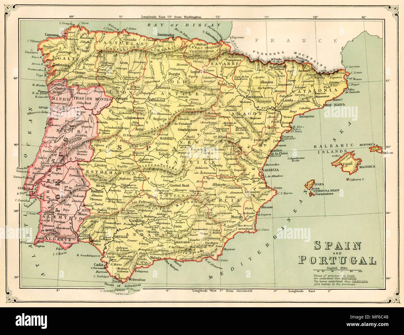 Karte von Spanien und Portugal, 1870. Gedruckte farbige Lithographie Stockfoto