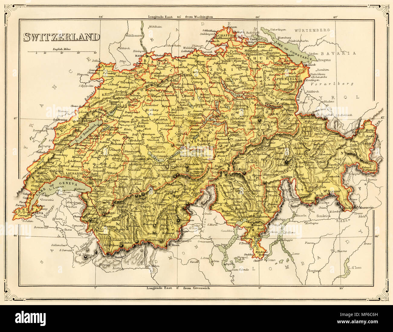 Karte der Schweiz, 1870. Gedruckte farbige Lithographie Stockfoto