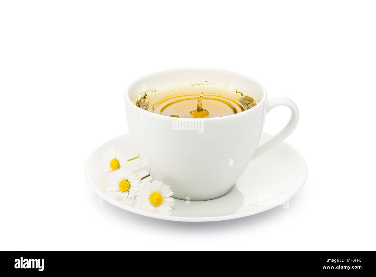 Tasse Kamille mit Spritzenden Tropfen und Daisy auf weißem Hintergrund Stockfoto
