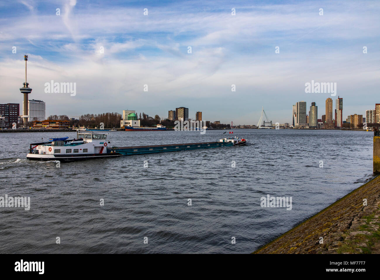 Die Skyline von Rotterdam, auf die Nieuwe Maas, Fluss, Wolkenkratzer im "Kop van Zuid, Niederlande, Erasmus Brücke, Stockfoto