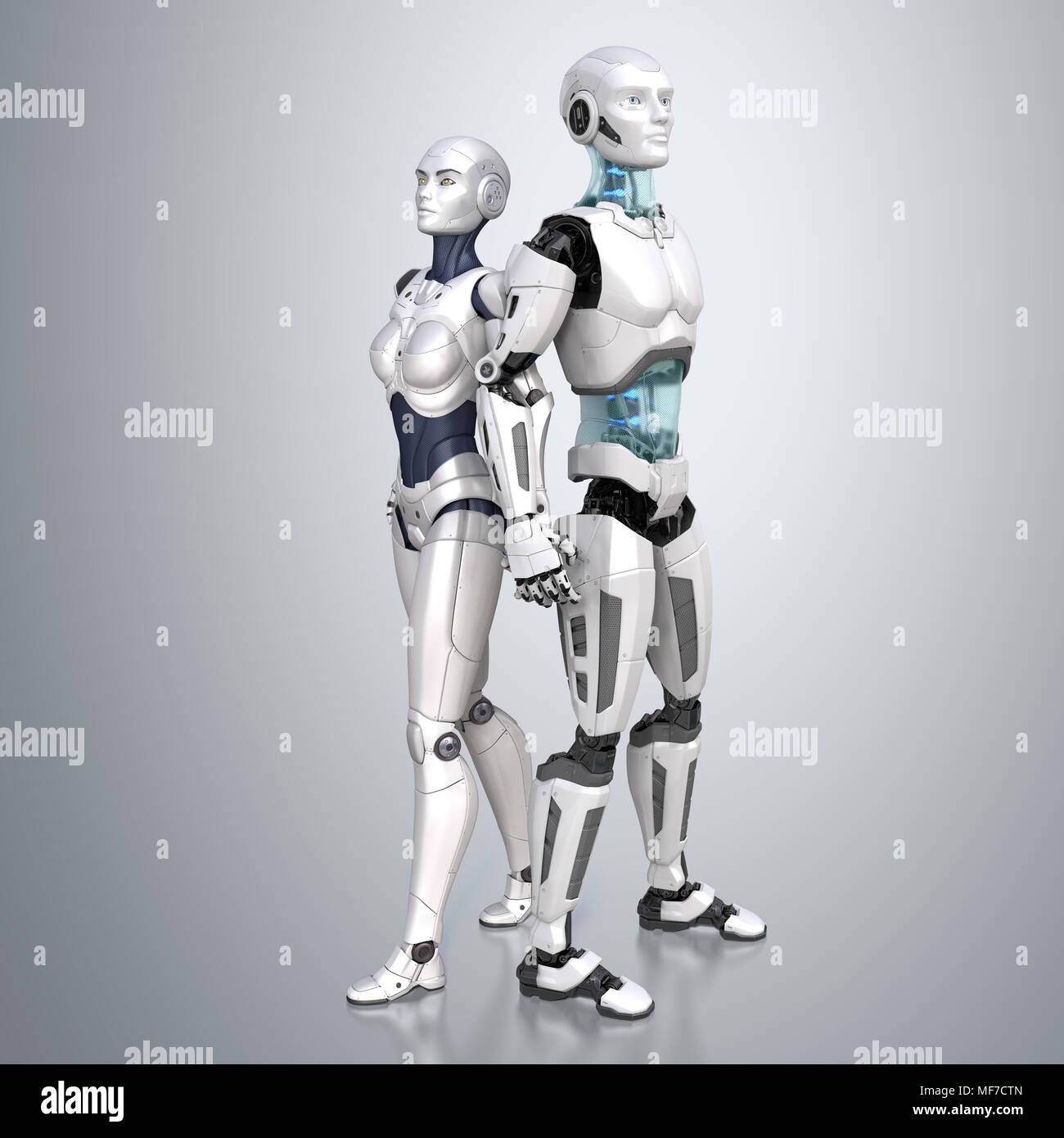 Weibliche und männliche Roboter auf einem hellgrauen Hintergrund posiert. 3D-Darstellung Stockfoto