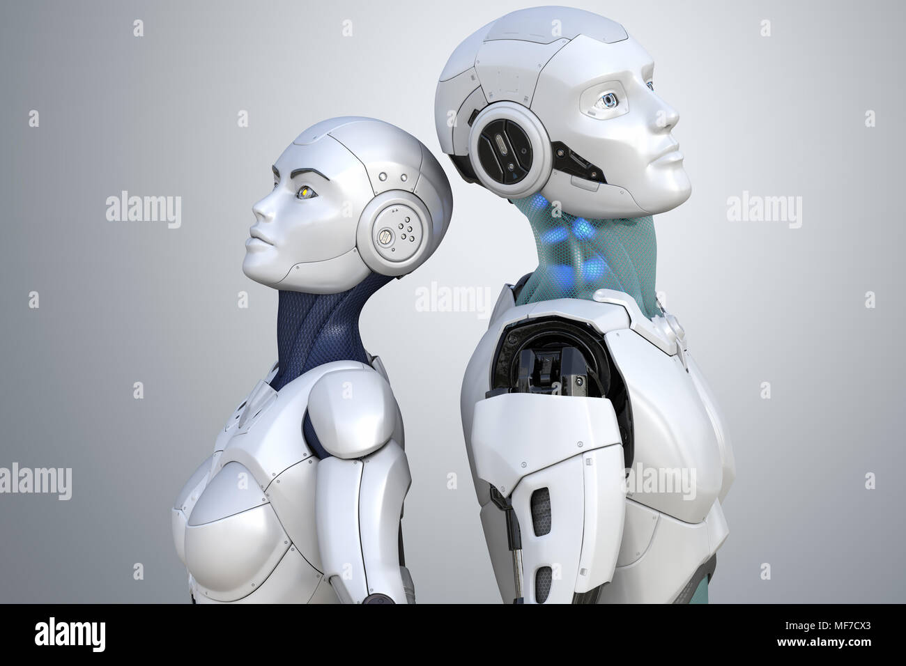 Weibliche und männliche Roboter. 3D-Darstellung Stockfoto