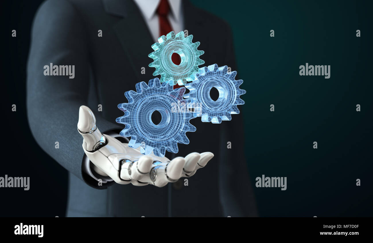 Roboter in der Klage Holding coghwheels in seiner Hand. 3-D-Darstellung Stockfoto
