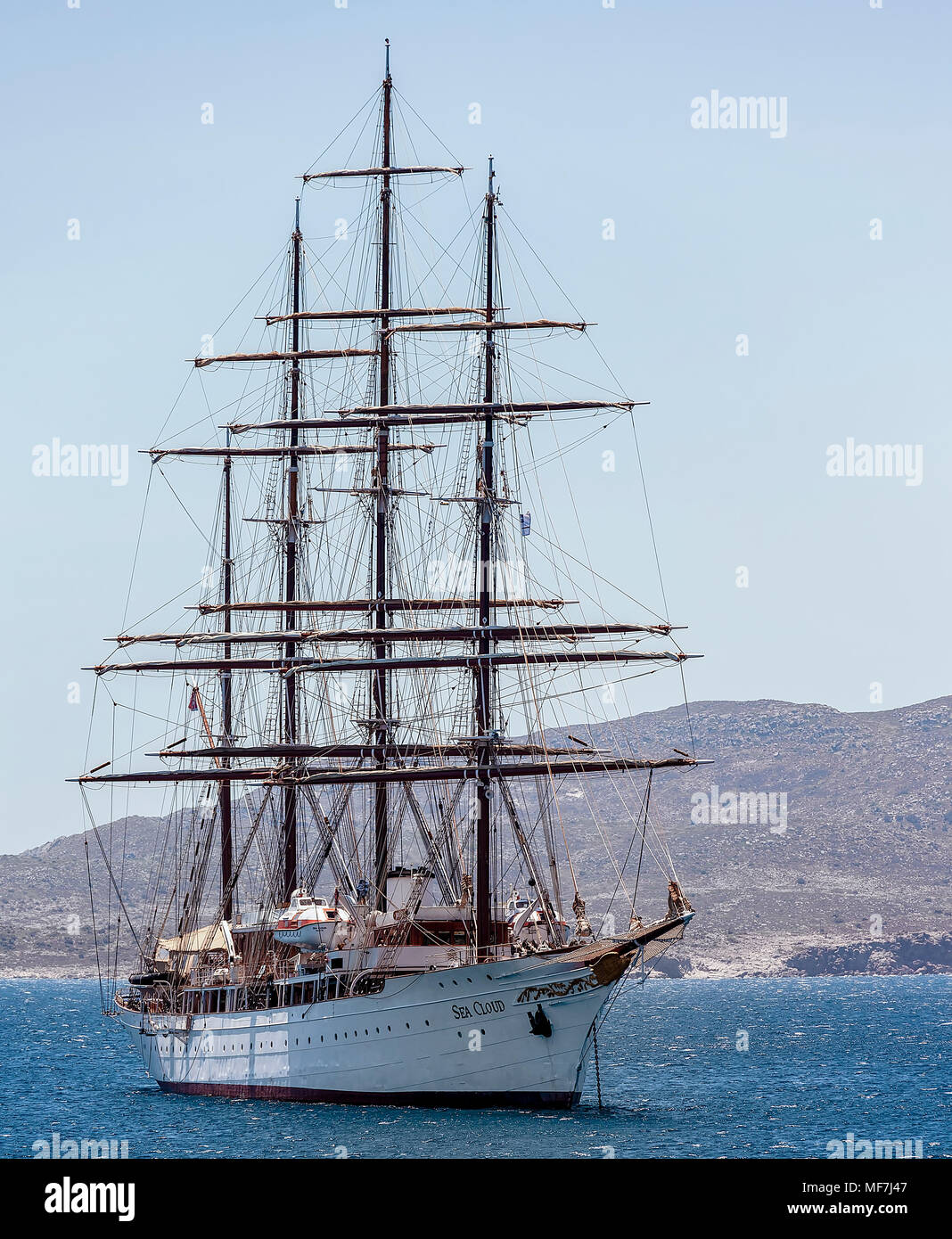Insel Mykonos - 7. JULI: Sea Cloud ist ein historisches segeln Schiff auf das Meer. Als wetter Schiff für die United States Coast Guard und United serviert. Stockfoto