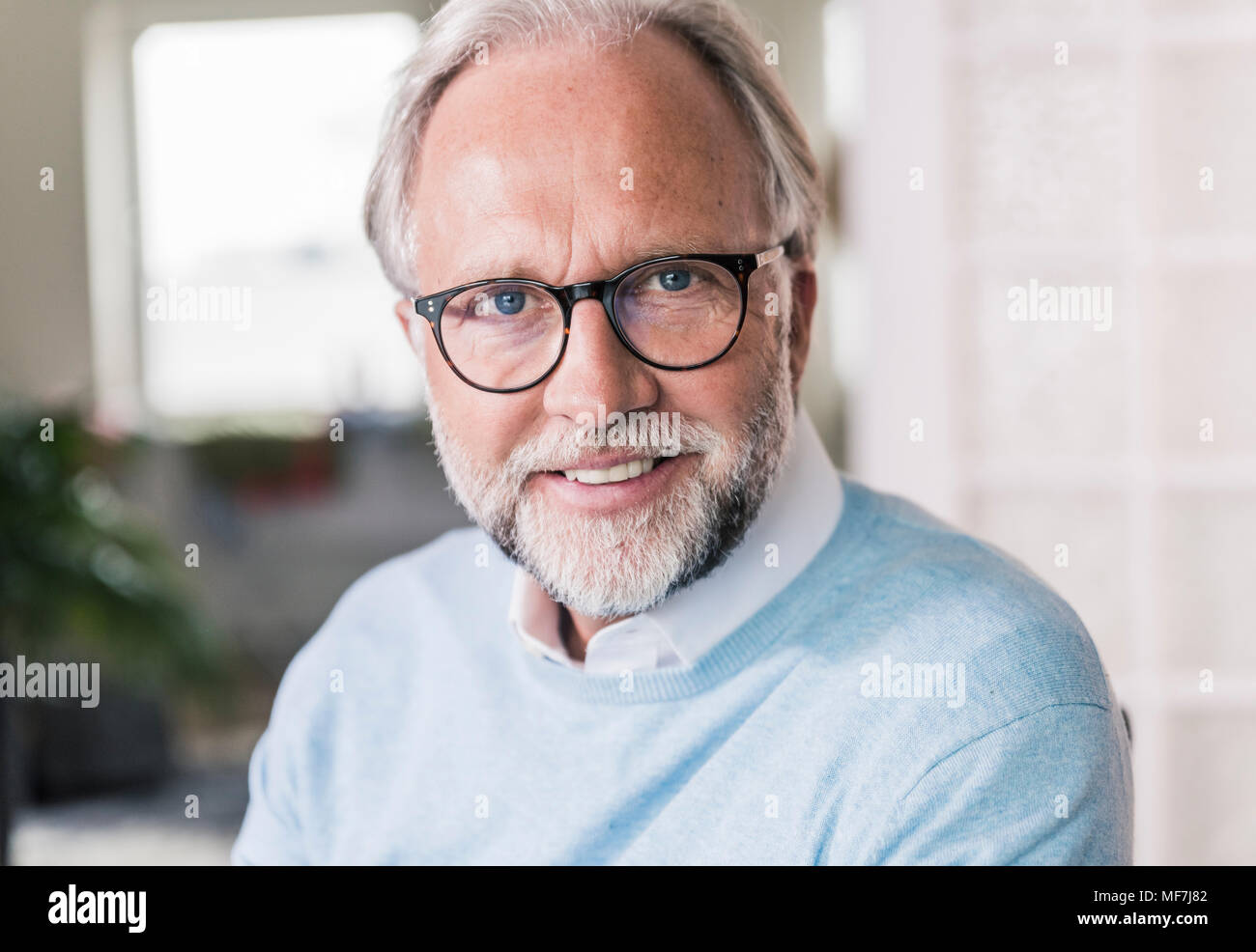 Portrait von lächelnden reifer Mann mit grauem Haar und Bart, Brille Stockfoto