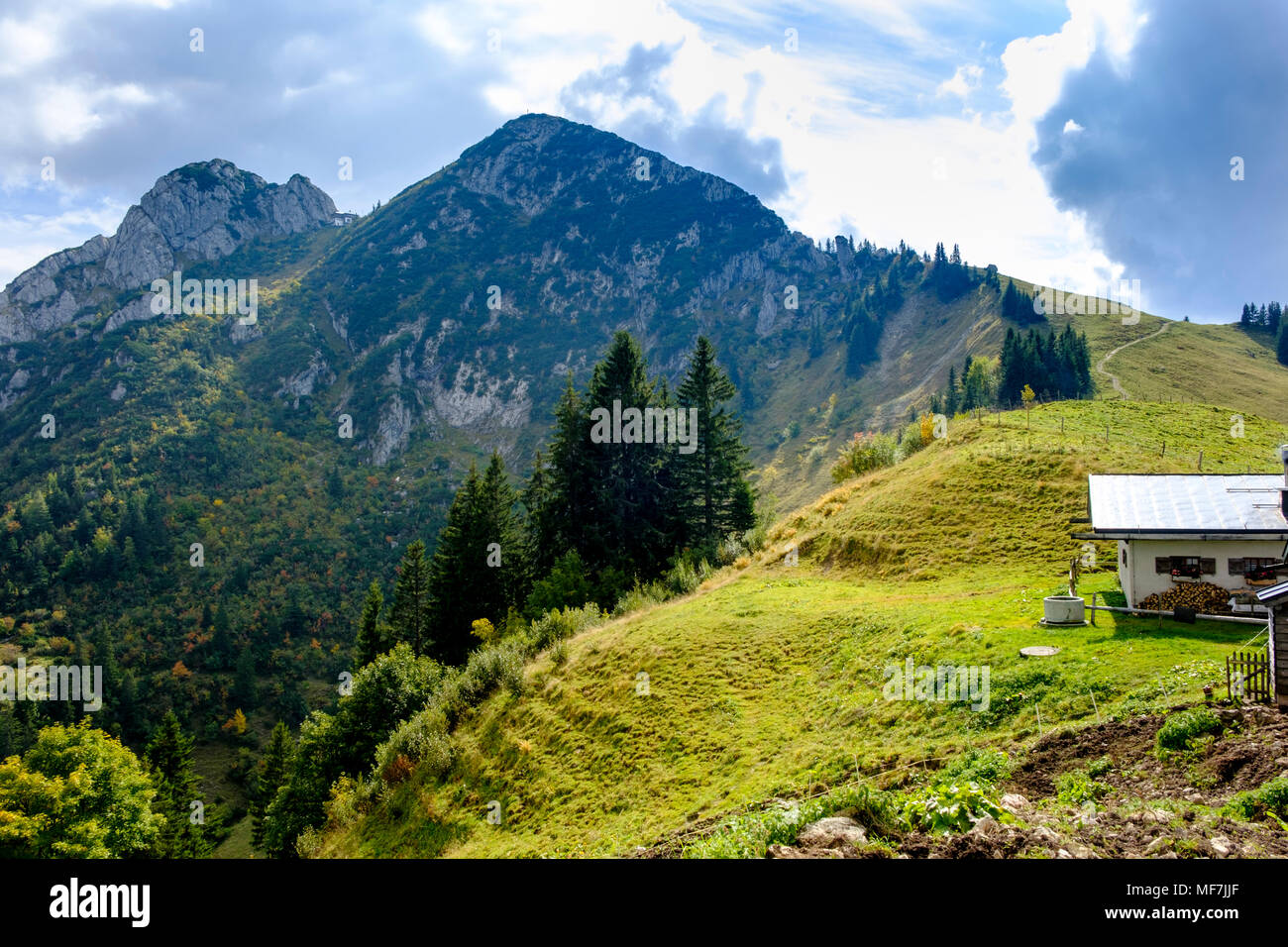 Roßsteinalm, mit Roß- und Buchstein bei Lenggries, Isarwinkel, Oberbayern, Bayern, Deutschland Stockfoto