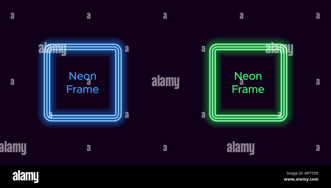 Neon quadratischen Rahmen in Blau und Grün. Vektor Vorlage von Neon Rahmen bestehend aus drei skizziert, mit weichem Hintergrundbeleuchtung auf dem dunklen Hintergrund Stock Vektor