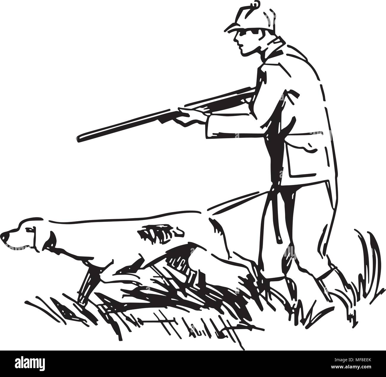 Jäger mit Hund Retro Clipart Illustration Vektor Abbildung Bild