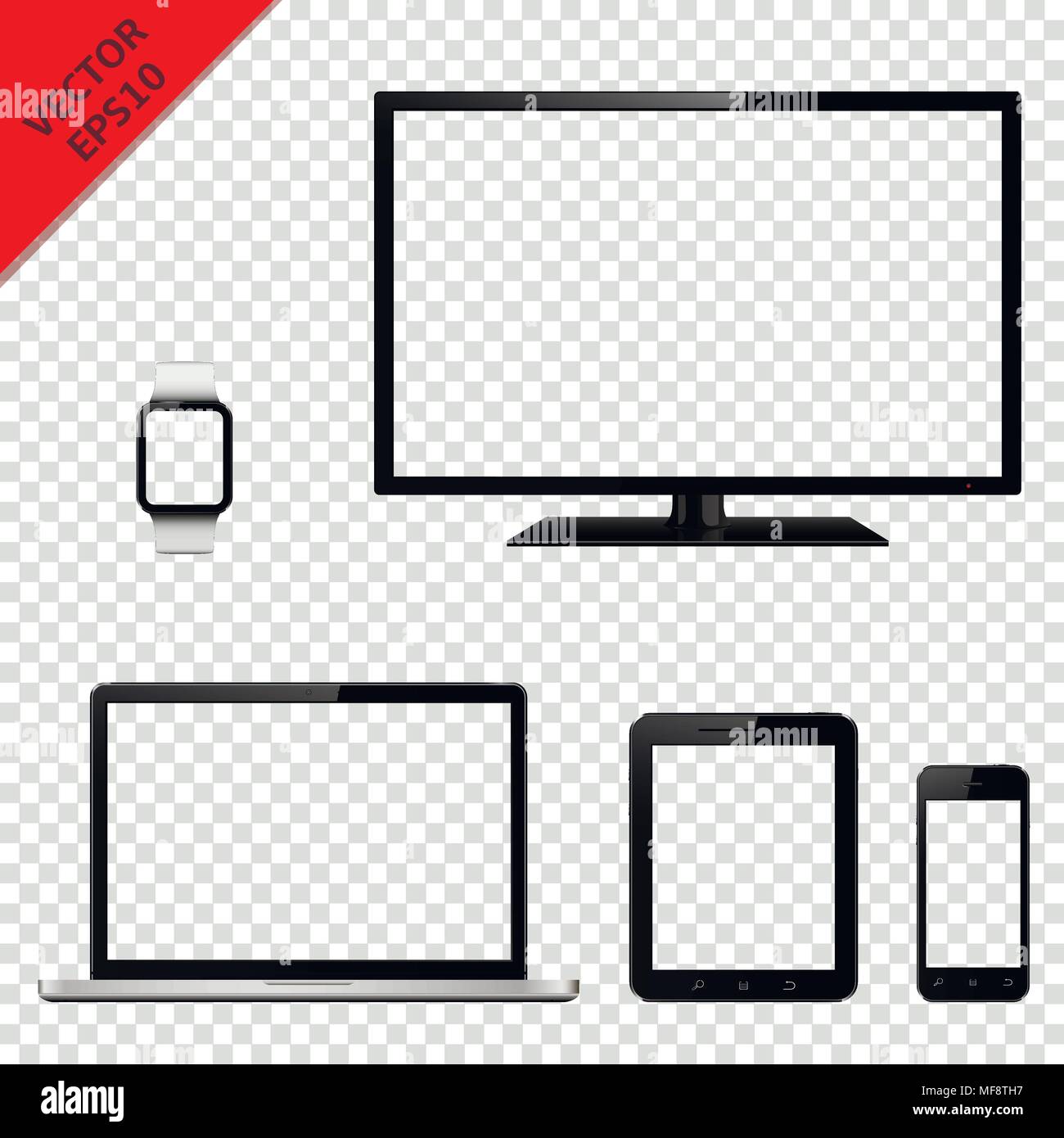 Verschiedene moderne elektronische Geräte mit transparenten Bildschirm auf transparentem Hintergrund isoliert. Vector Illustration. Stock Vektor