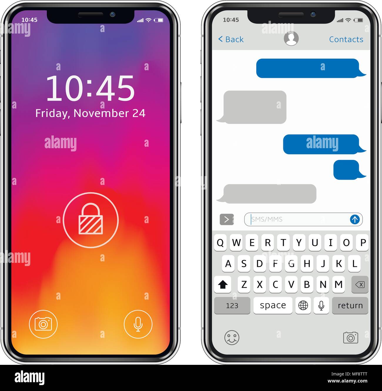 High Ausführliche realistische Smartphones, Bildschirm sperren, chatten, SMS-App Vorlage Sprechblasen. Vector Illustration. Stock Vektor