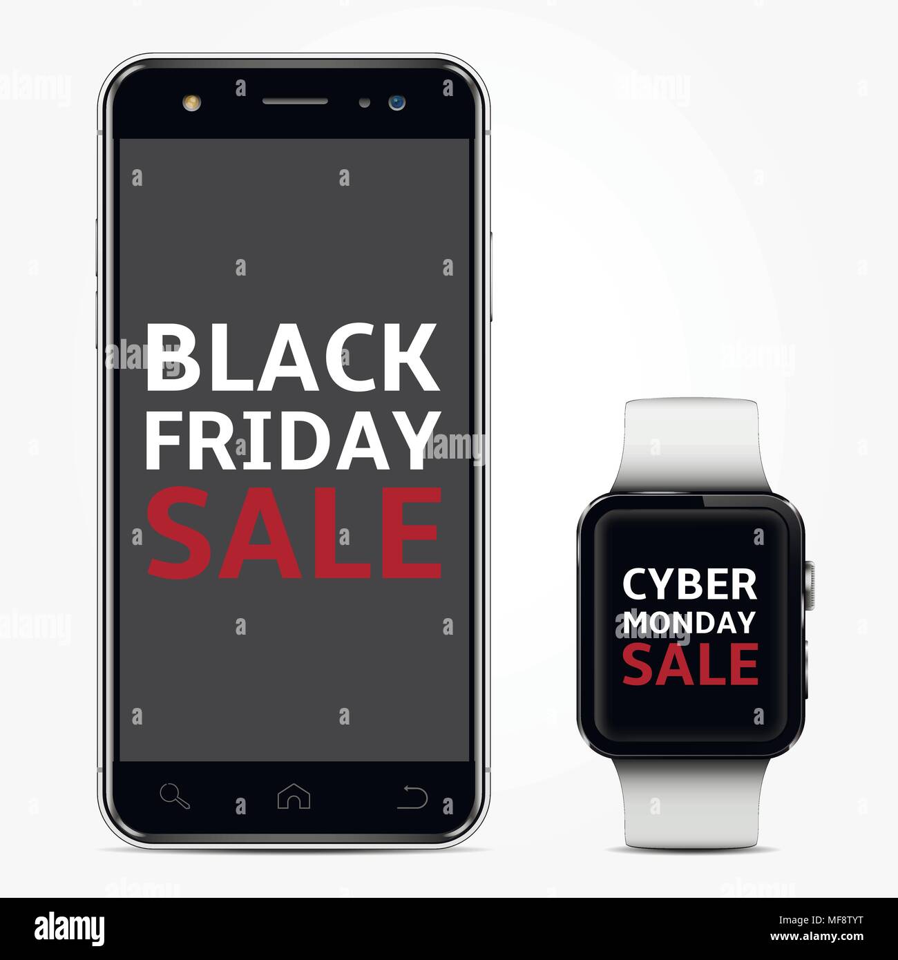 Smart Phone und smart Watch mit schwarzer Freitag und Cyber Monday verkauf Text. Auf weissem Hintergrund. Vector Illustration. Stock Vektor