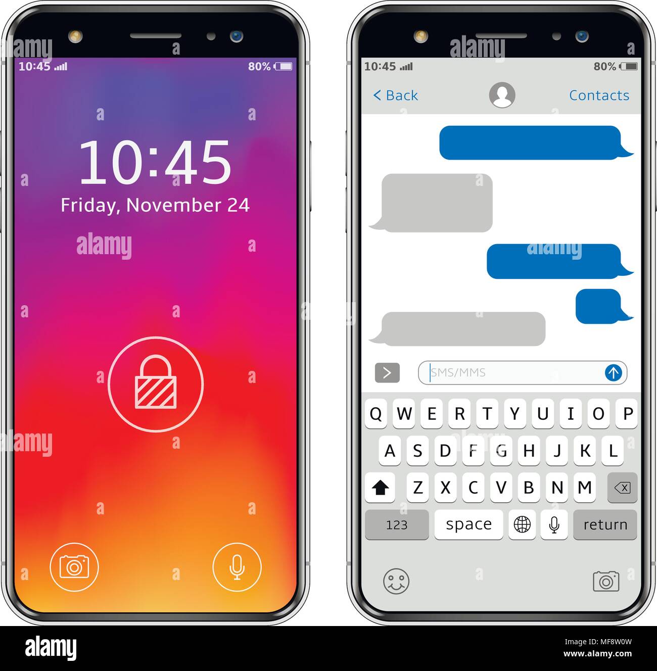 High Ausführliche realistische Smartphones, Bildschirm sperren, chatten, SMS-App Vorlage Sprechblasen. Vector Illustration. Stock Vektor